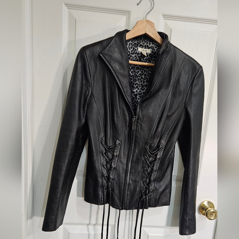 Cache Genuine Black Leather Jacket - Leopard Print Lining & Lace-Up Detail